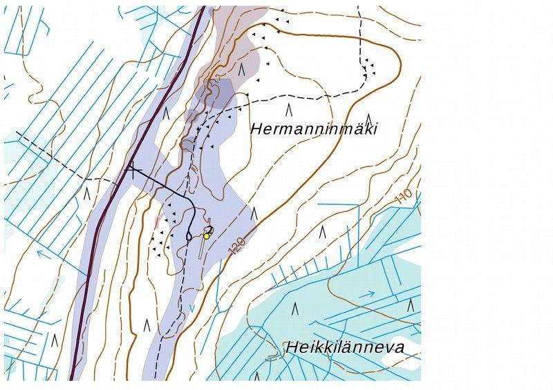 Inventointimenetelmät Pintahavainnointi Inventointilöydöt Kuvaus: Hermmaninmäen laen eteläosassa sorakuopan vieressä on