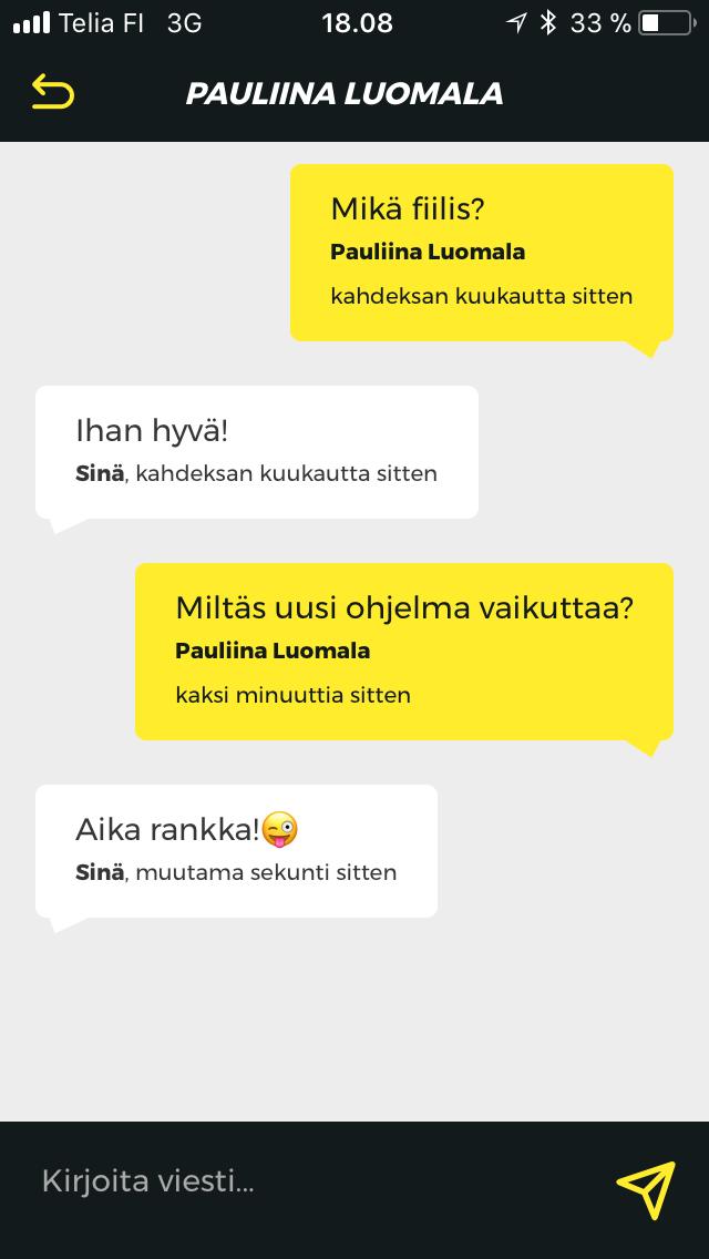 CHAT Chatin avulla voit olla milloin tahansa yhteydessä omaan valmentajaasi mobiiliaplikaation tai verkkoportaalin välityksellä. Löydät chatin applikaatiosta etusivun alapalkista 1.