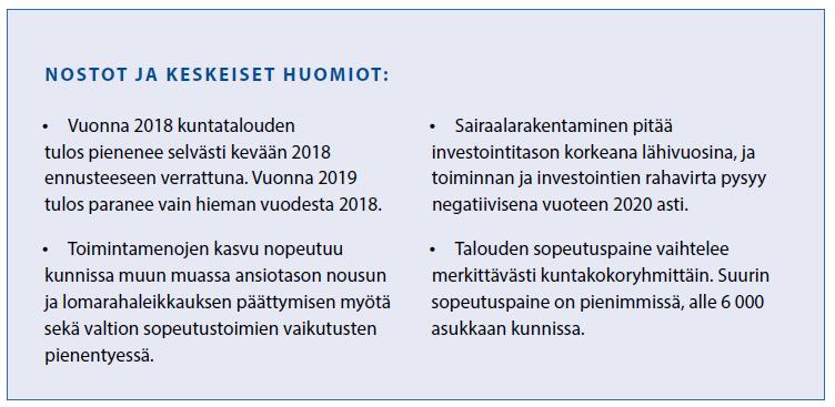 Mitä syksyn kuntatalousohjelma odotti? 2017 2018 Muutos-% Tuloksen muodostuminen 1. Toimintakate -27,5-28,1 2,1 % 2. Verotulot 22,5 22,6 0,2 % 3. Valtionosuudet, käyttötalous 8,5 8,7 1,5 % 4.