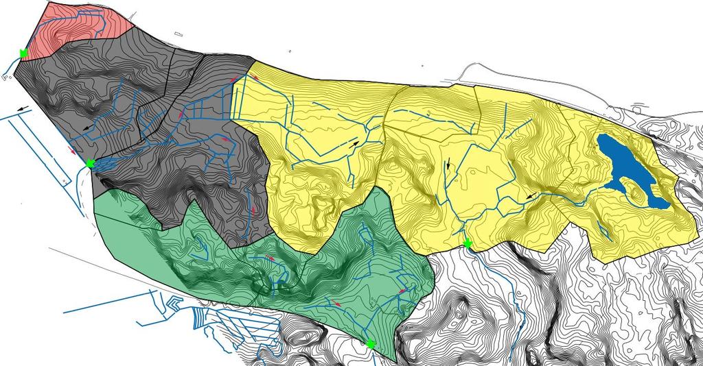 2.3 Alueen valuma-aluejako Suunnittelualue on jaettu neljään valuma-alueeseen sen mukaan, miltä alueelta hulevedet purkautuvat saman purkupisteen kautta (Kuva 4).