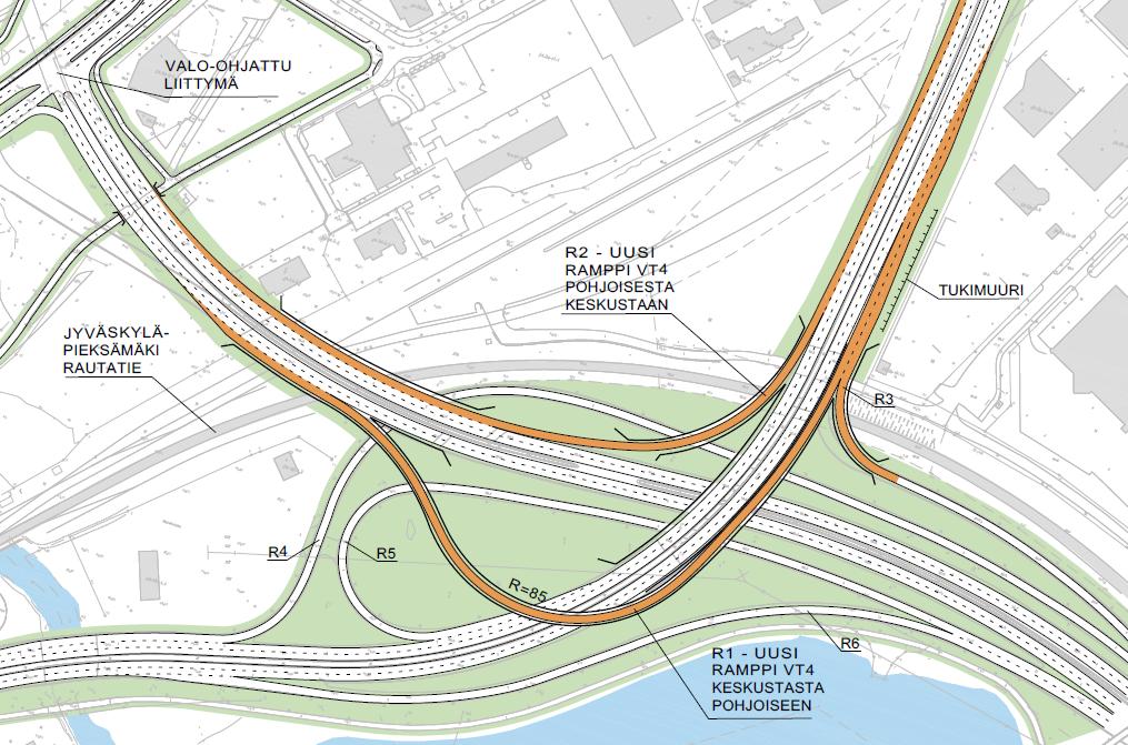 Kuva 17. Aholaidan eritasoliittymä: pohjoisen suunnan rampit keskustaan (Jyväskylä/Ramboll 2011).