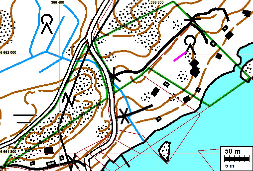 4 Inventoinnissa havaittu kiviaita (ei muinaisjäännös) on merkitty karttaan punaisella. Lähtötiedot Kirkkonummella on suunnitteilla muutos Skälsundin ranta-asemakaavaan.