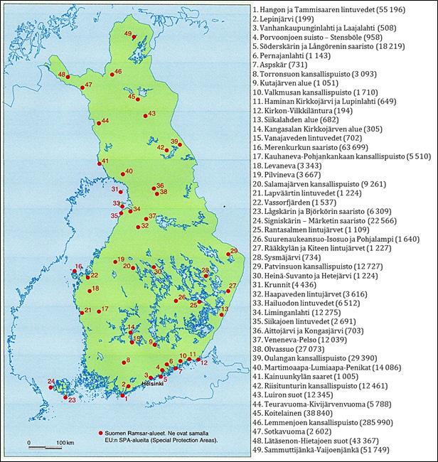 Suomessa on 49 Ramsar-aluetta eli kosteikkojen ja niiden vesilintujen suojelun kannalta kansainvälisesti merkittävää aluetta, joiden yhteispinta-ala on runsaat 7 850 km 2 (Anon. 2004; kuva 16).