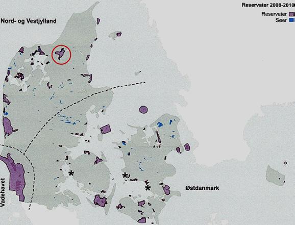 Kuva 17. Muuttavien vesilintujen suojelemiseksi tarkoitetut 88 levähdys- ja ruokailualuetta Tanskassa vuosina 2008 2010.