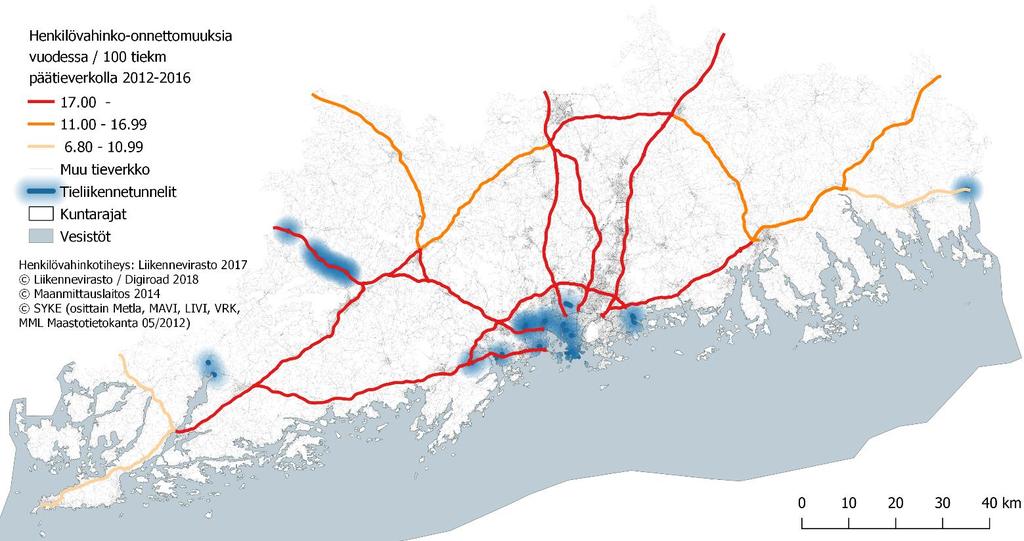Uudenmaan alueellinen riskiarvio 2018 26 (60) Henkilövahinko-onnettomuudet ovat yleisimpiä sellaisilla tieosuuksilla, joilla liikennemäärät ovat suuria.