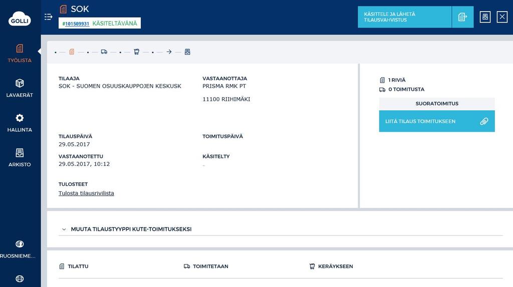 7.9.9 Suoratoimituksen muuttaminen KUTE-toimitukseksi KUTE-toimitusmallin tilaukset saapuvat yleensä Golliin suoratoimituksina.