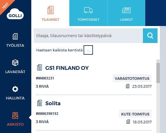 11.1 Hae tietoja arkistosta Arkistossa tilauksia, toimituksia ja laskuja voidaan hakea hakukentässä ilmoitetuilla tiedoilla. Kenttään syötetään haluttu tieto ja painetaan Enter.