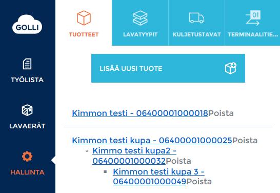Tuotetietojen lisääminen, muokkaaminen ja poistaminen aloitetaan päävalikon HALLINTAkuvakkeesta, TUOTTEET -osioista.