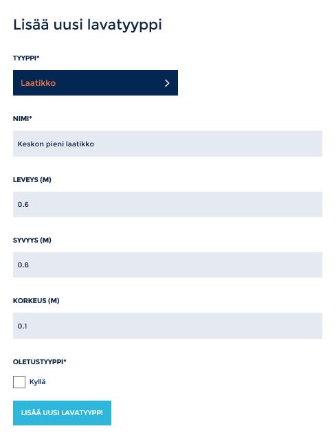 TYYPPI-valikosta valitaan kuljetusalustan tyyppi. Esim. valitsemalla laatikon, voi tallentaa yrityksessä useimmin käytettyjen pakkauslaatikoiden mittatiedot Golliin.