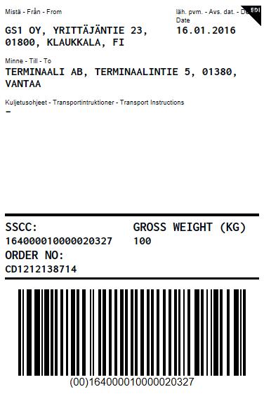 Tavarantoimittaja kiinnittää jokaiseen myyntierään terminaaliosoitelapun kaupparyhmän varastokäsittelyä varten.