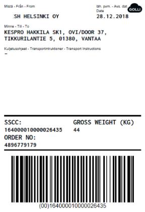 Jos tarvitset kuljetusalustaa varten kolliosoitelaput, tulosta ne painikkeella