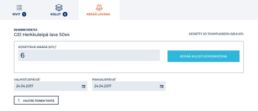 Muutetaan kerättävä määrä oikeaksi ja annetaan tarvittavat eräkohtaiset tiedot. Klikataan painiketta KERÄÄ KULJETUSYKSIKKÖNÄ.