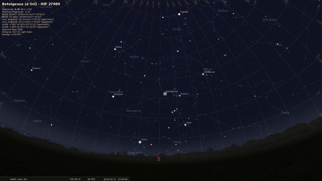 Stellarium-ohjelma: 11.2.2016 klo 21 Sirius, Orion etelässä Mihin kellonaikaan Orion näkyy etelässä Syyskuun alussa?