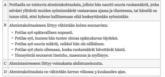 12 Taulukko 1. Lainattu lähteestä: Syömishäiriöt: Käypä hoito suositus 2014 (viitattu 23.04.2018). www.käypähoito.