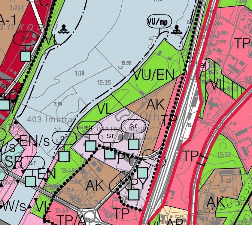 Suunnittelualueen pohjoispuolinen Vuoksen ranta on merkitty maapatojen alueeksi (/mp).