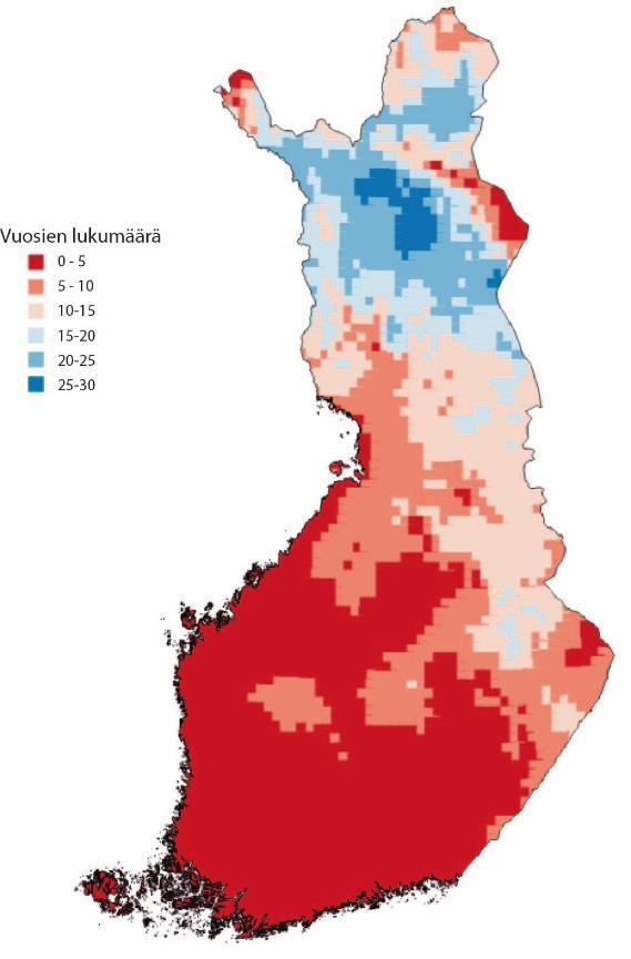 Sellaisten talvien lukumäärä 30 vuoden aikana, jolloin lämpötila alittaa -27 C 1980-2009 2040-2069 Kuuden