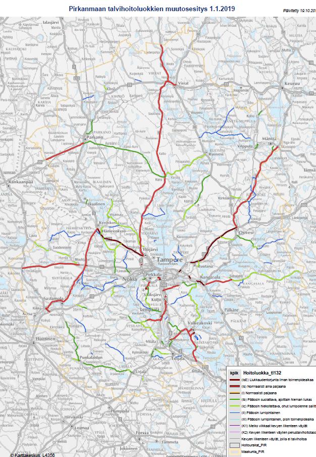 Pirkanmaan hoitoluokkien nostoesitykset: IS -> ISe 59 km I -> IS 227 km IB