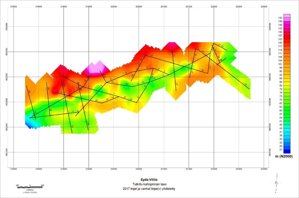 GEOLOGIAN TUTKIMUSKESKUS Geologinen rakenneselvitys 15 Painovoimamittausten tulkintojen mukaan (Kuva 10) lähes koko tutkimusalueen pituudelta kallionpinta laskee jyrkästi pohjoisesta etelään