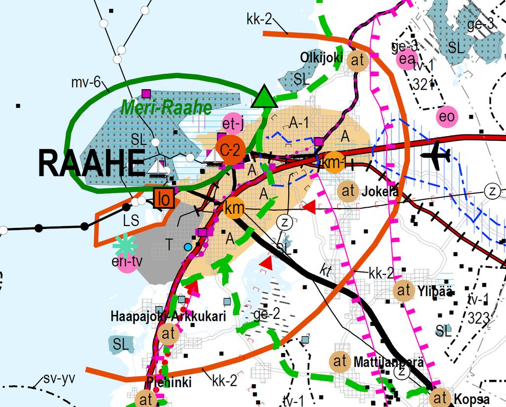 Ote maakuntakaavojen 5.11.2018 yhdistelmäkartasta Raahen kaupunkiseutu -merkinnällä osoitetaan Raahen-Pattijoen yhtenäisen yhdyskuntarakenteen aluetta, joka muodostaa Raahen aluekeskuksen ydinalueen.