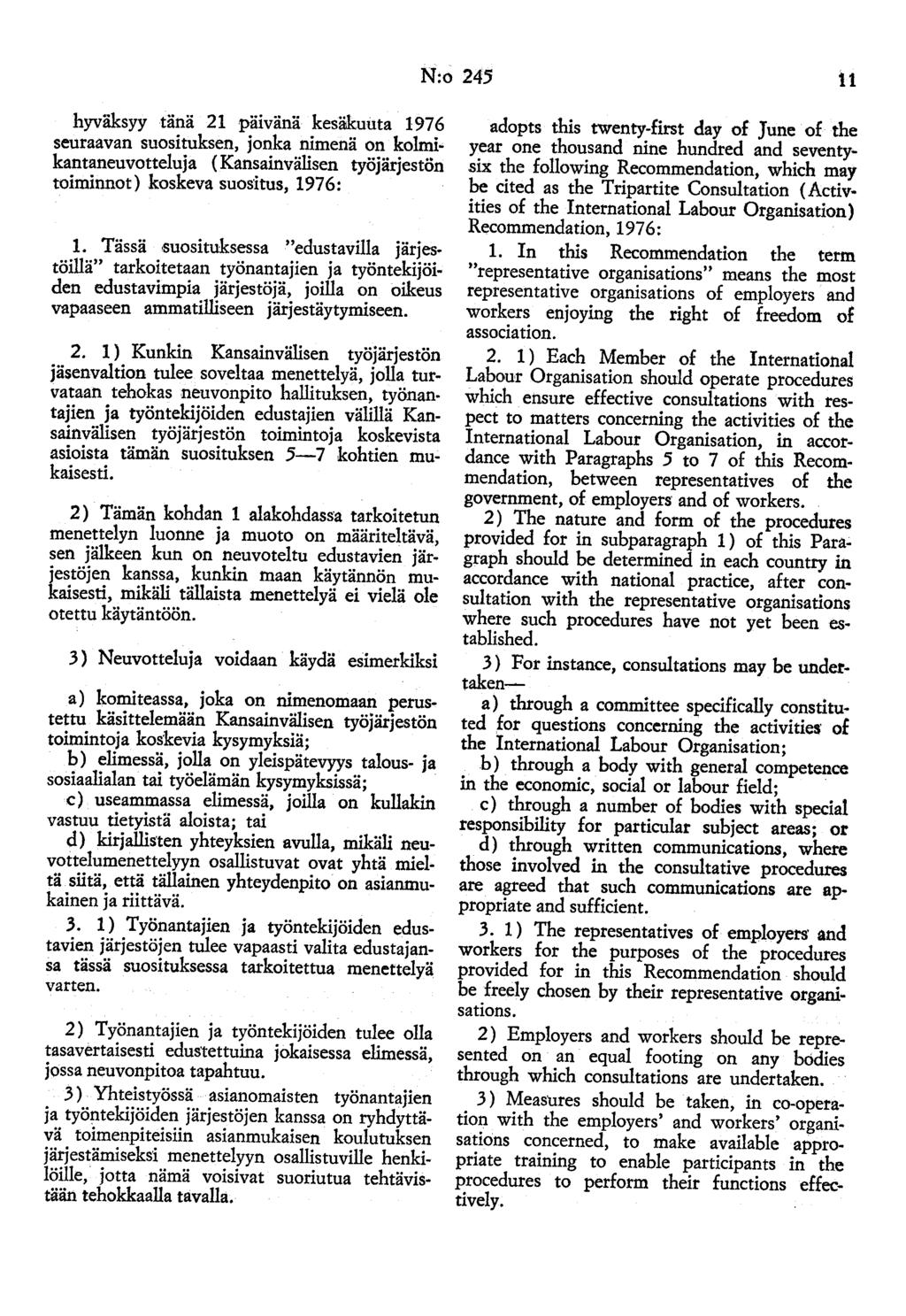 N:o 245 11 hyväksyy tänä 21 päivänä kesäkuuta 1976 seuraavan suosituksen, jonka nimenä on kolmikantaneuvotteluja (Kansainvälisen työjärjestön toiminnot) koskeva suos'itus, 1976: 1.