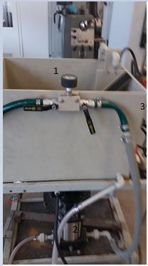 Koelaitteen 1) vesiallas, 2) painemittari, 3) pistesuihkusuutin ja 4)