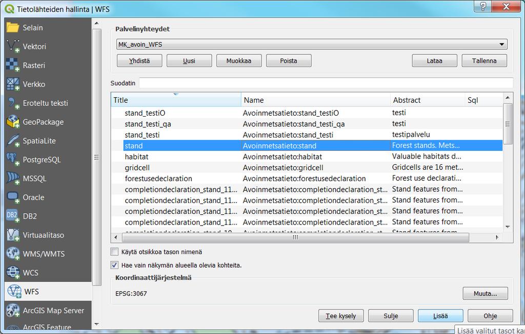 WFS-rajapinnan käyttöönotto 5 3. Paina Yhdistä niin näytölle aukeaa kaikki metsäkeskuksen avoimet WFS-rajapinnat.