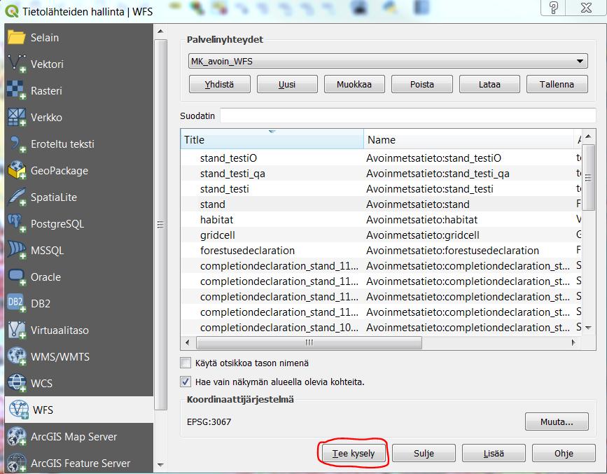 SQL-kysely WFS-rajapintaan: WFS-rajapintaan voidaan tehdä myös SQL-kyselyitä, joilla haetaan esimerkiksi vain tietyt ehdot täyttävät kuviot.