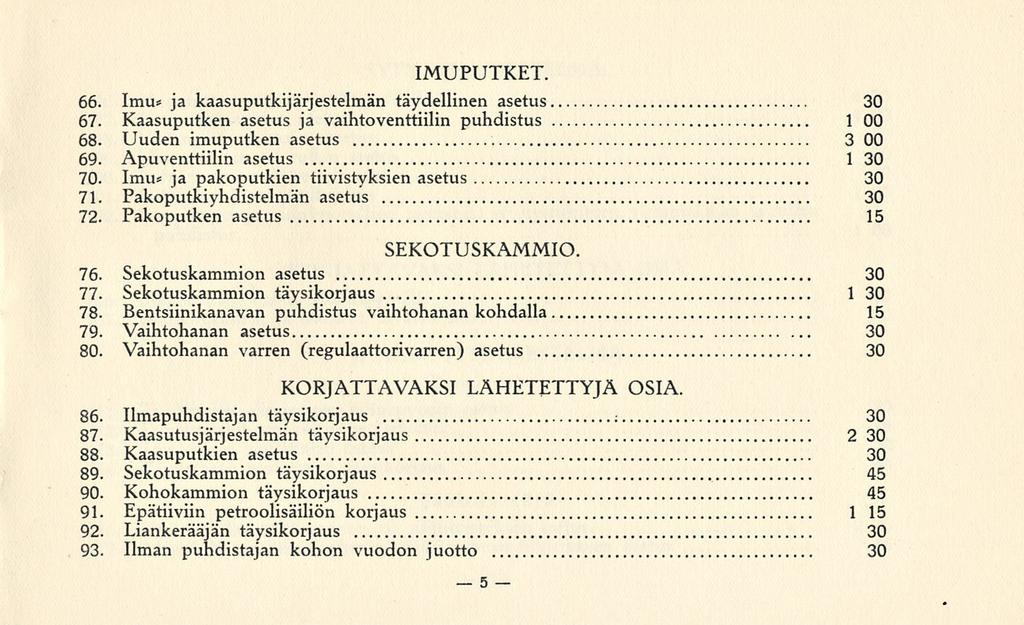 5 IMUPUTKET. 66. Imu* ja kaasuputkijärjestelmän täydellinen asetus 30 67. Kaasuputken asetus ja vaihtoventtiilin puhdistus 1 00 68. Uuden imuputken asetus 3 00 69. Apuventtiilin asetus 1 30 70.