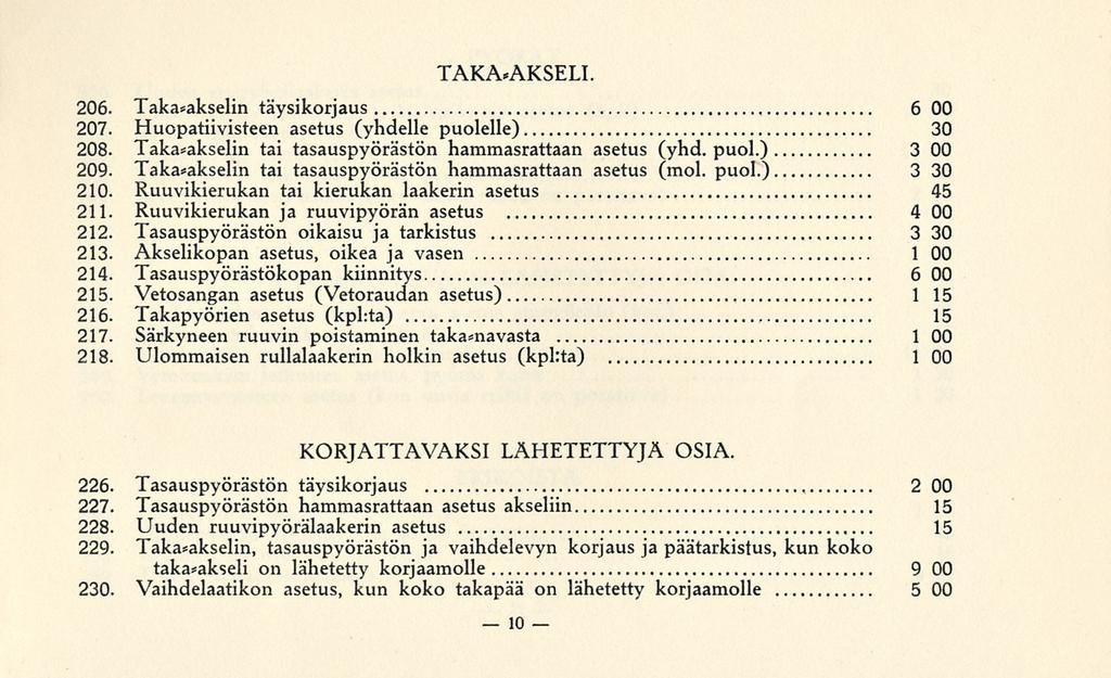 TAKA*AKSELI. 206. Taka*akselin täysikorjaus 6 00 207. Huopatiivisteen asetus (yhdelle puolelle) 30 208. Taka*akselin tai tasauspyörästön hammasrattaan asetus (yhd. puol.) 3 00 209.