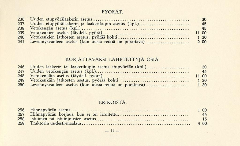 PYÖRÄT. 236. Uuden etupyörälaakerin asetus 30 237. Uuden etupyörälaakerin ja laakerikupin asetus (kpl.) 45 238. Vetokengän asetus (kpl.) 45 239. Vetokenkien asetus (täydell. pyörä) 11 00 240.