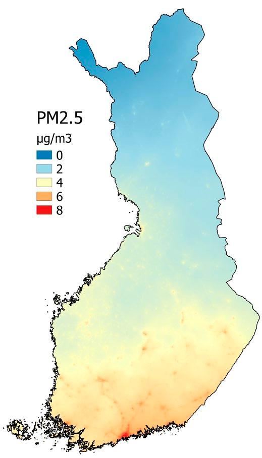 KANSALLINEN ILMANSUOJELUOHJELMA 2030 Kuva 20. Mallinnetut ilman pienhiukkasten (PM 2.5 ) pitoisuudet vuonna 2015 ja 2030.