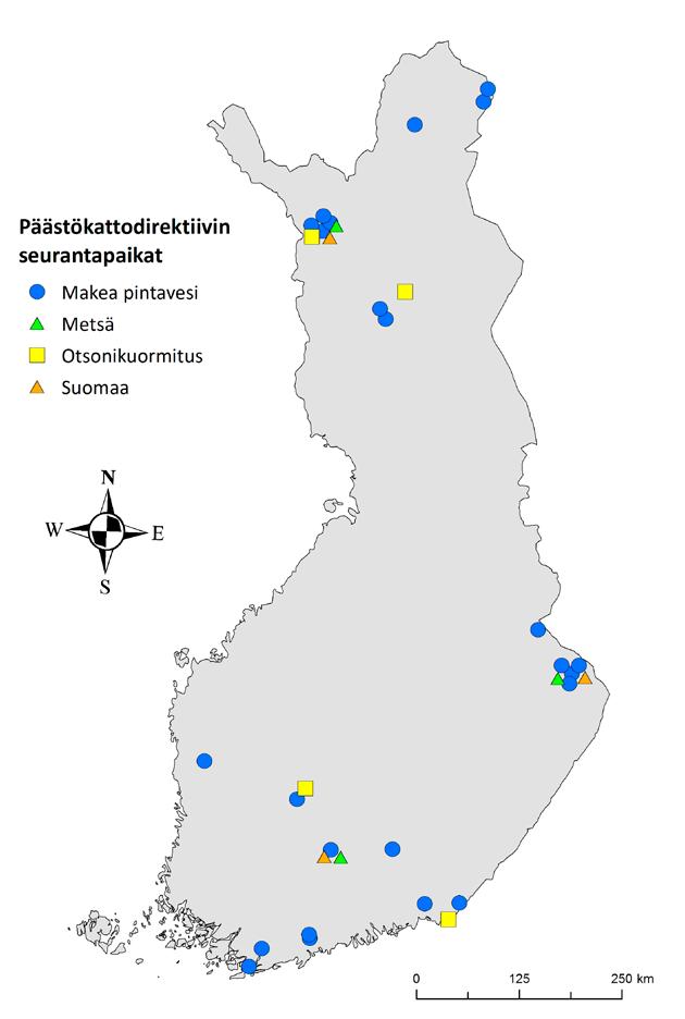 KANSALLINEN ILMANSUOJELUOHJELMA 2030 Metsämaat ja suomaat Päästökattodirektiivin mukaista metsäekosysteemien ekologista vaikutusseurantaa tehdään kolmella ICP Forests level II/ICP IM (YYS)-ohjelmiin