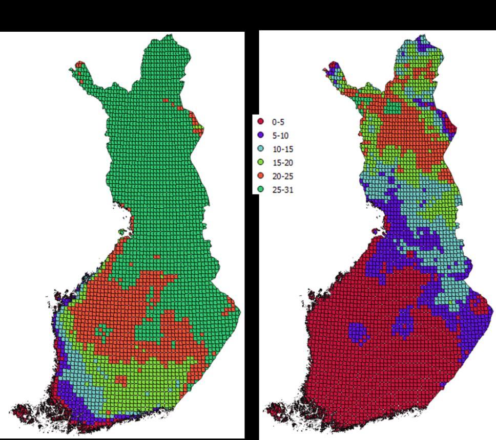 Kuva 1 Niiden talvien lukumäärä 30 vuoden aikana, jolloin vuorokauden alin lämpötila on laskenut vähintään kerran -27 C alapuolelle RCP4.5-skenaarion toteutuessa.