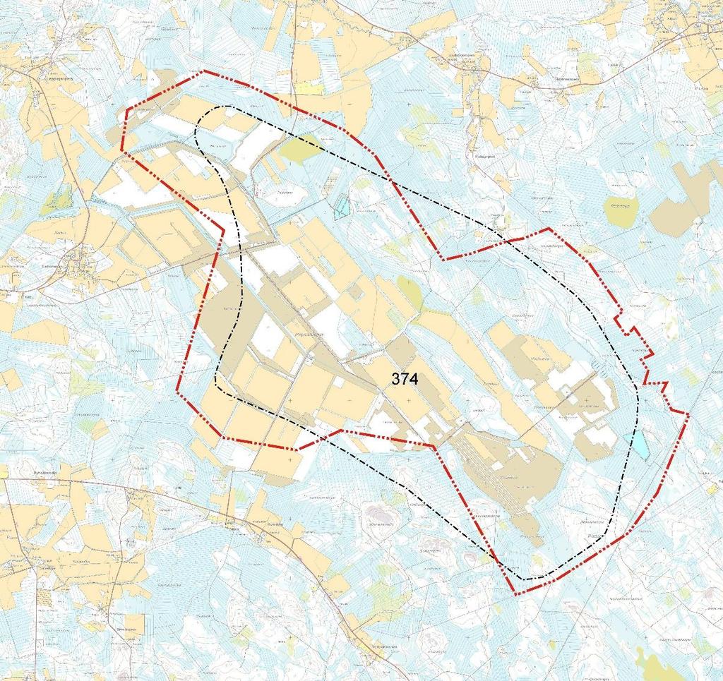 Kuva 1. Piipsannevan tuulivimapuistn yleiskaava-alueen rajaus (punainen pistekatkviiva) ja maakuntakaavan tuulivima-alueen rajaus (musta pistekatkviiva).