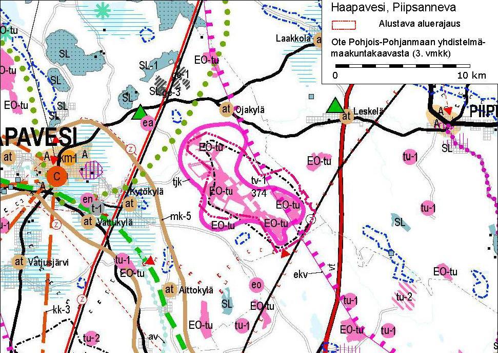 Kuva 2. Ote Phjis-Phjanmaan maakuntakaavjen uudesta yhdistelmäkatasta. Piipsannevan tuulivimapuistn yleiskaava-alue n merkitty punaisella pistekatkviivalla.