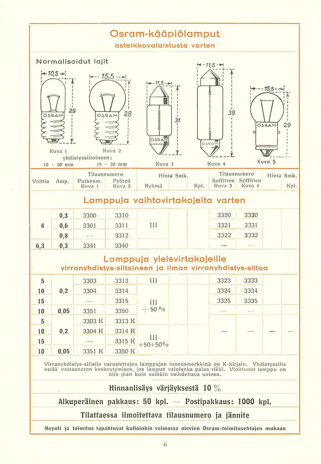 0.3 30 j Osram-kääpiölamput asteikkovalaistusta varten Normalisoidut lajit Kuva 1 Kuua 2 yhdistyssiltoineen: 10 30 mm 15 mm Kuva 3 Kuva 4 Kuva 5 Tilausnumero Hinta Smk. Tilausnumero Hinta S mk.