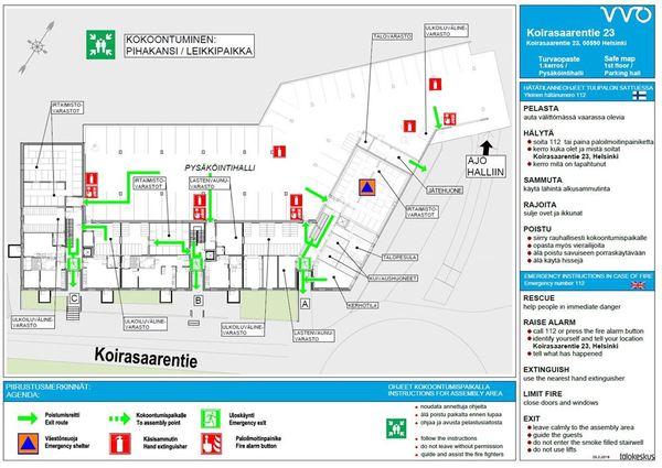 Sivu 15 / 35 3. Rakennuksen turvallisuusjärjestelyt 3.1. Turvallisuuskartat Turvallisuuskartat ovat opastepiirustuksia, joihin on merkitty hätätilanneohjeiden lisäksi turvallisuuteen liittyviä tietoja.