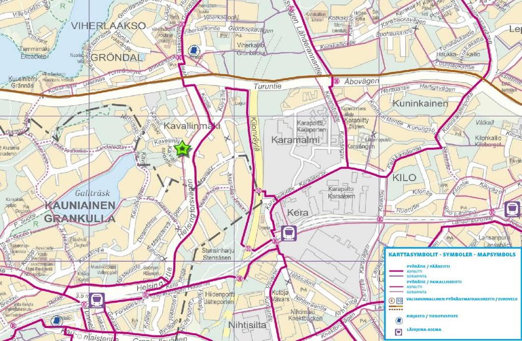 9 (14) Kuva: Ote pääkaupunkiseudun pyöräilykartasta. Alueen sisäinen liikenne ja paikoitus Kulku alueelle tapahtuu Helsingintieltä, tontin koilliskulmasta.