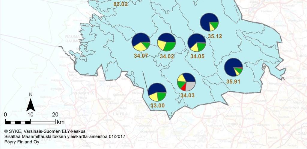 44 Vaihemaakuntakaavassa 2 osoitetun turvetuotannon osuus kiintoainekuormituksesta on 0,003-3,5 % kaikesta kuormituksesta (Kuva 4-5) paitsi Selkämereen laskevalla valuma-alueella se on suurempi.