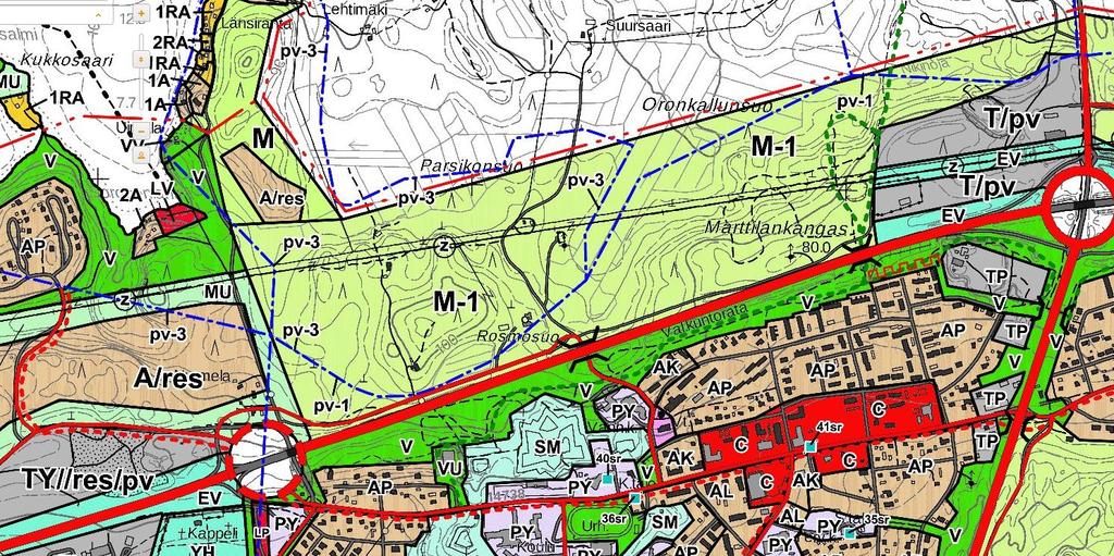 Yleiskaavassa on varattu asumisen reservialue (A/res), teollisuusalue (T/pv), suojaviheralue (EV) ja metsätalousalueita (M ja MU).