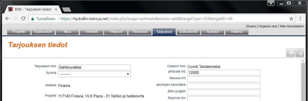 Liite 1 12 (13) Kuva 11. Tarjouksen tiedot. Kuvassa luodaan aliprojektille uusi tarjouslaskenta.