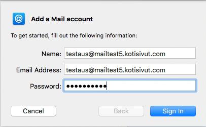 Mail-ohjelma kysyy nyt tilin tietoja: Koko nimi-kenttään (Name) täyttäkää tilin nimi, esimerkiksi oma nimenne. Sähköposti-kenttään (Email Address) kirjoittakaa koko sähköpostiosoitteenne.