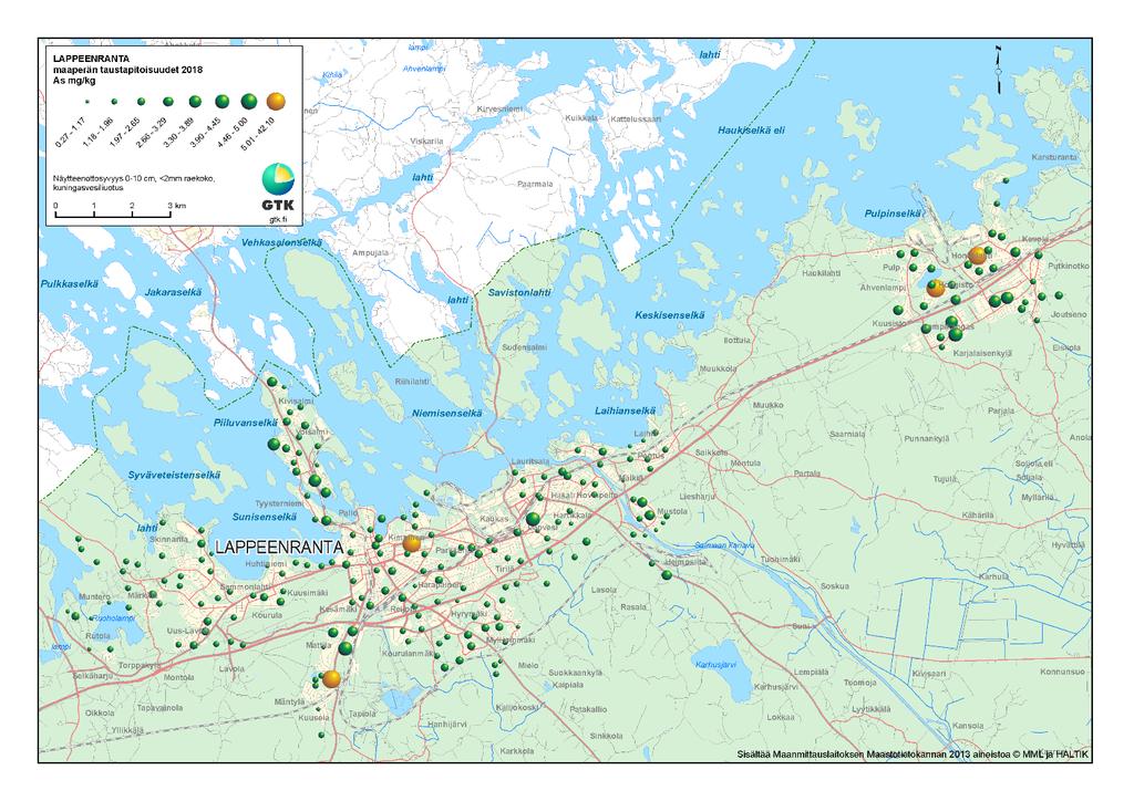 GEOLOGIAN TUTKIMUSKESKUS Lappeenrannan taustapitoisuudet 20 Kuva 10. Arseenipitoisuudet Lappeenrannan taajama-alueen maaperässä vuonna 2018 (pintamaanäyte 0-10 cm, <2 mm raesuuruus, AR-liuotus).