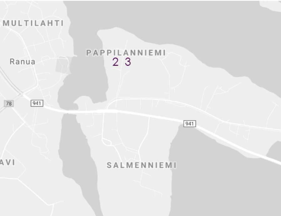 Vaihtoehto 2 & 3 Pappilanniemi Sivummalla Ranuan läpi kulkevilta pääteiltä. Kirkkotiellä ja Pappilantiellä on hyvät pyörätieyhteydet ja turvallisen koululiikenteen järjestäminen helppoa.