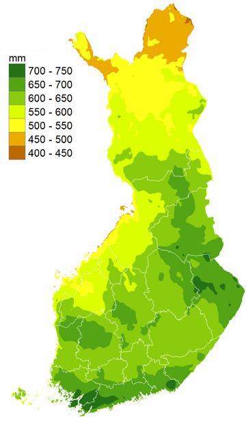 Sadanta - haihdunta Suomen kokonaissadanta on 400-700 mm Josta puolet toukokuusta syyskuuhun Lumien sulamisvedet lisäävät maan kosteutta keväällä, jolloin sataa vähemmän Keskimäärin vettä sataa