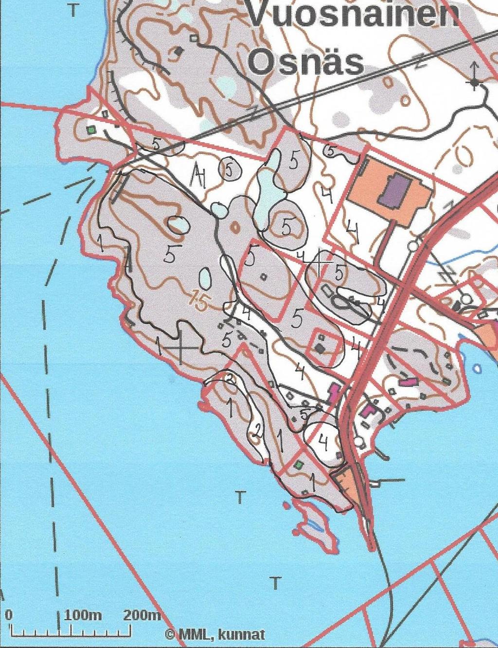 8 Kartta 2: Selvitysalueen luontotyypit Numero 1 on rantakalliota, numero 2 on tervaleppävyötä, numero 3 on metsän soistumia, numero 4 on puolukkatyypin kuivahkoa kangasta ja numero 5 on kalliometsää