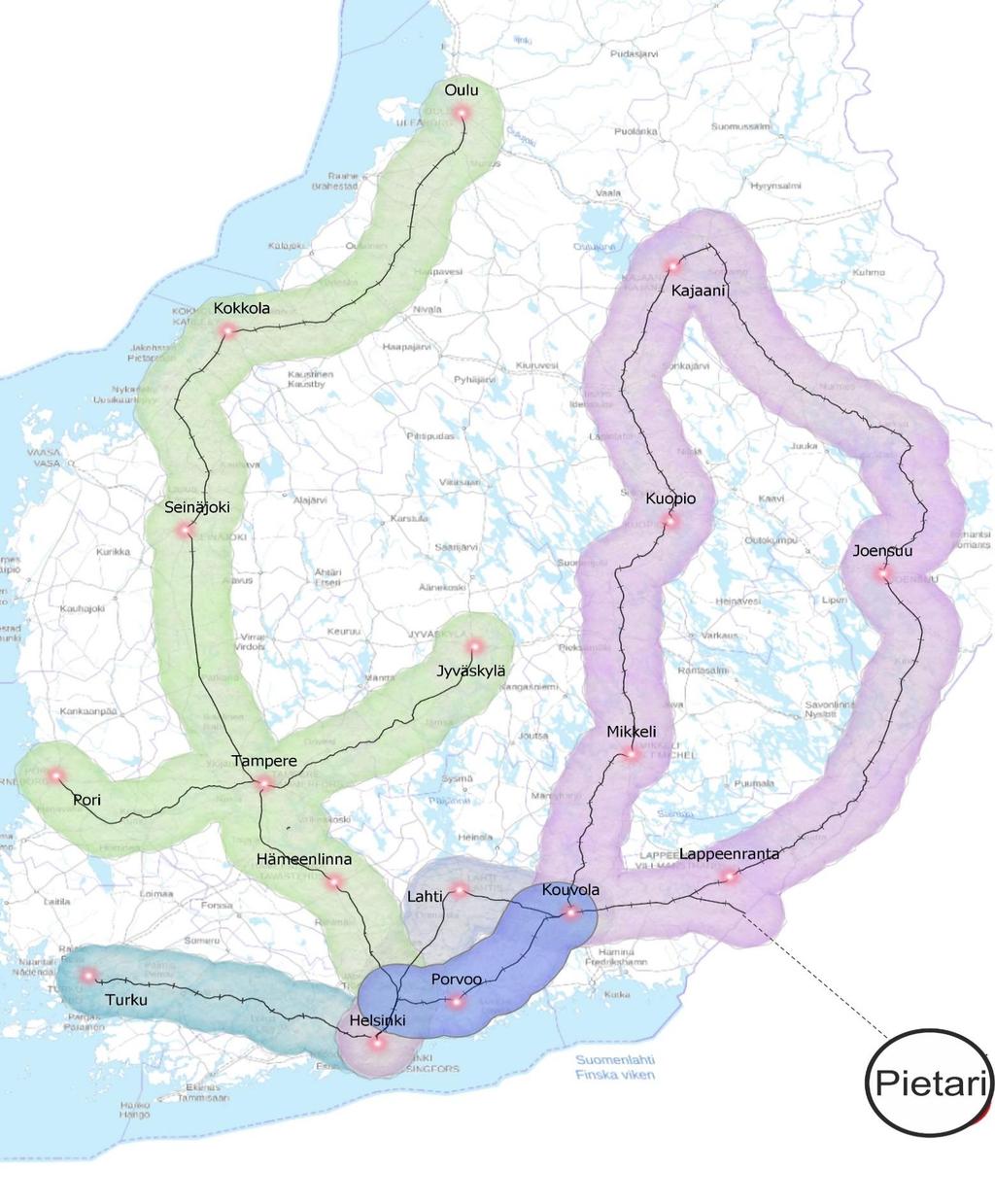 Kansallisesti merkittävät 2020-2040- lukujen ratahankkeet SUOMIRATA 2,7 miljoonaa asukasta 1,2 miljoonaa työpaikkaa Lähde: Väylävirasto; Kartta: Timo Widbom 2019; Maanmittauslaitos; ESRI NOPEAT