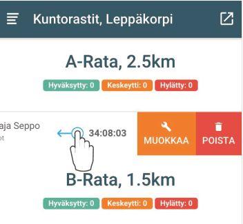 11 6. Tulokset Edellisissä kappaleissa jo mainittiin, miten tuloksiin pääsee eri näkymistä 1) Lähtö- tai Maalinäytöllä oikean yläkulman rattaasta ja Tulokset 2) Päänäytöllä pyyhkäisemällä tapahtumaa