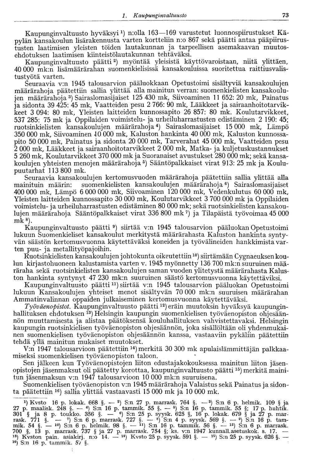 1. Kaupungi nvaltuusto 77 Kaupunginvaltuusto hyväksyi 1 ) molla 163 169 varustetut luonnospiirustukset Käpylän kansakoulun lisärakennusta varten kortteliin n:o 867 sekä päätti antaa pääpiirustusten