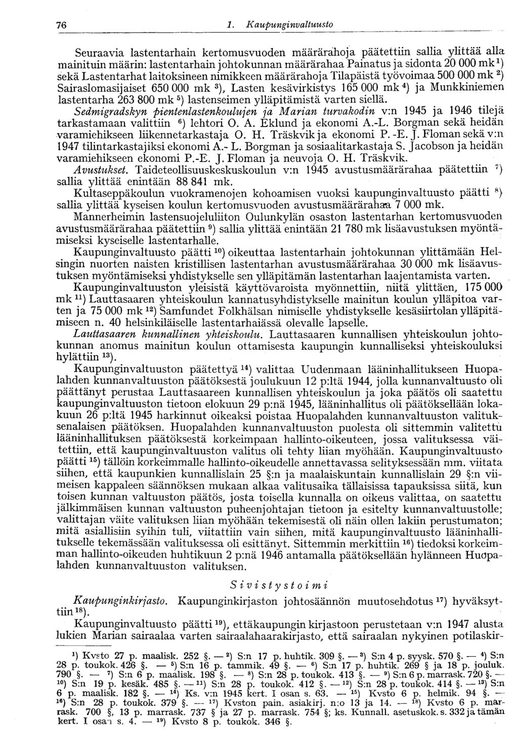 76 1. Kaupungi nvaltuusto 76 Seuraavia lastentarhain kertomusvuoden määrärahoja päätettiin sallia ylittää alla mainituin määrin: lastentarhain johtokunnan määrärahaa Painatus ja sidonta 20 000 mk 1 )